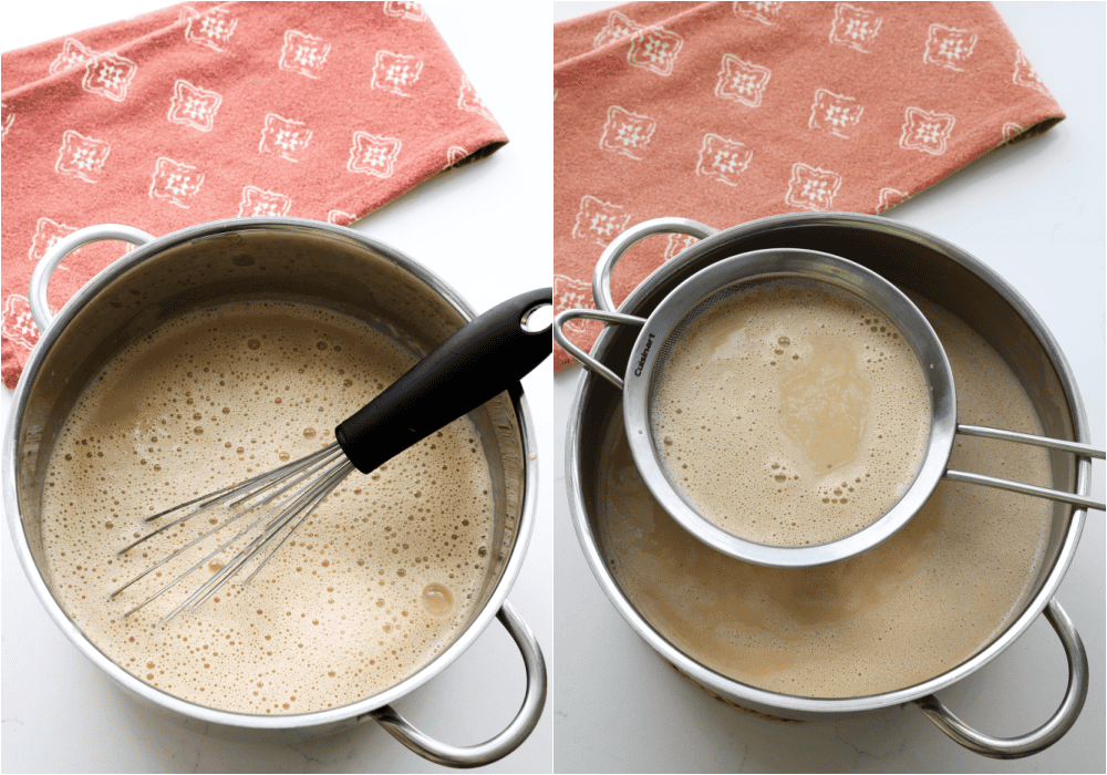 Some of the steps for making pumpkin ice cream. Temper the egg mixture by adding several spoonfuls of the hot mixture to the egg mixture, whisking as you go. Repeat several times until the egg mixture warms.