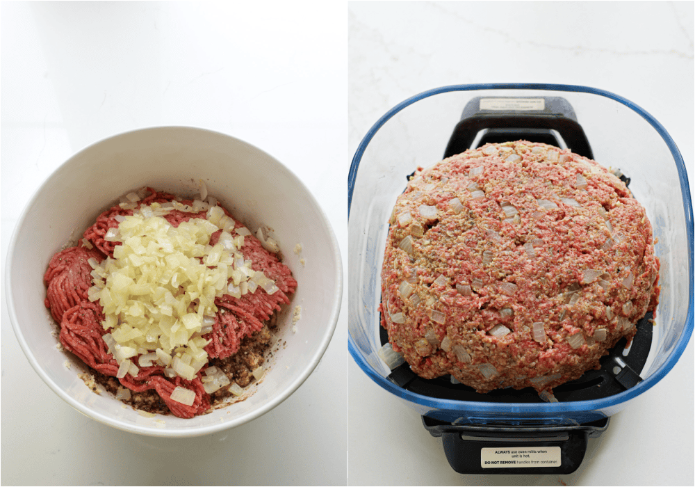 Some of the steps for making air fryer meatloaf. Add the ground beef to the bowl. Top with sautéed onions and garlic, and gently combine with your clean hands.
Shape the meatloaf in the air fryer.