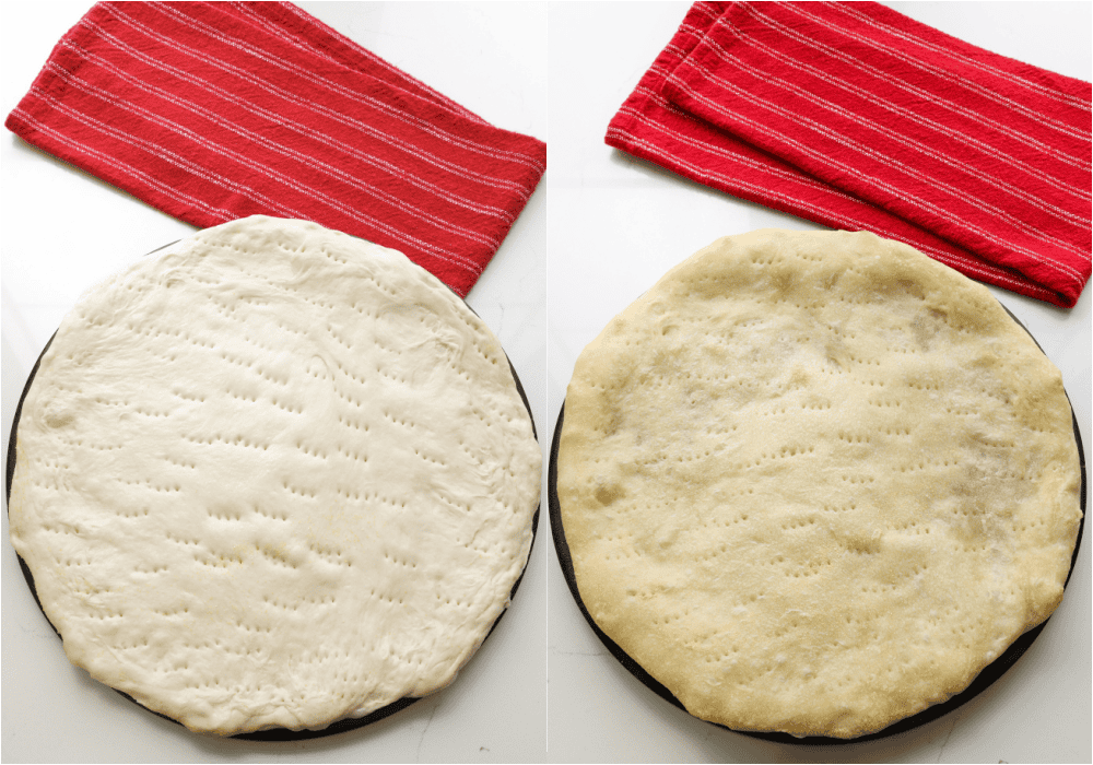 Some of the steps for making margherita pizza. Pat out the pizza dough, dock it, and prebake for about 6-7 minutes.