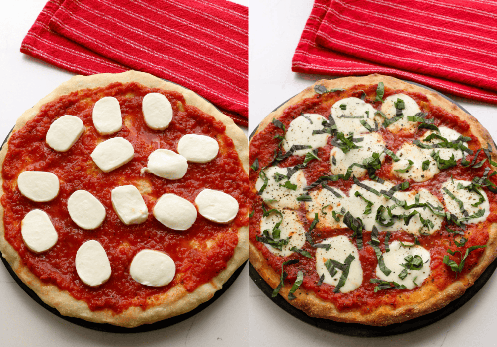 Some of the steps for making margherita pizza. Spread the pizza sauce over the prebaked crust. Top with mozzarella slices and bake.
Sprinkle with basil ribbons, shaved Parmesan cheese, and, if desired, crushed red pepper.