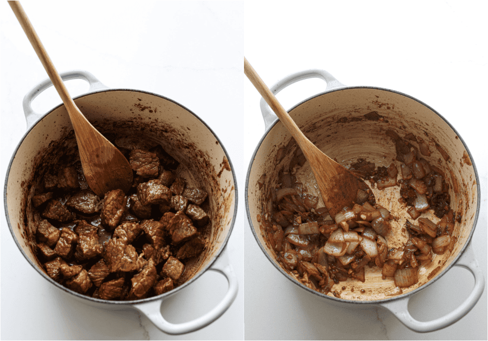 Some of the steps for making brisket chili. Brown the brisket in oil. Remove the browned pieces Cook the onion over medium heat until soft, deglazing the pot. Reduce the heat to low and add the garlic, chili powder, ground cumin, and smoked paprika, cooking for 1 minute.