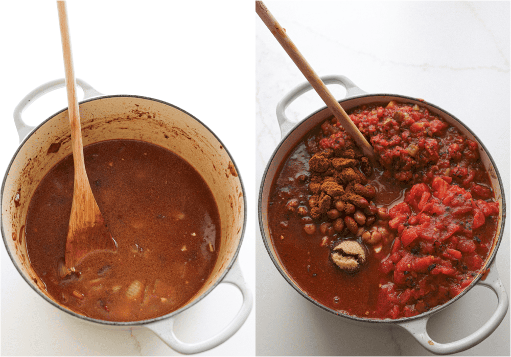 Some of the steps for making brisket chili. Stir in the chipotle peppers, beef broth, and tomato paste. Add the browned brisket back to the pot. Simmer for a few hours. Add the Rotel tomatoes, fire-roasted tomatoes, kidney beans, pinto beans, brown sugar, and red pepper flakes.