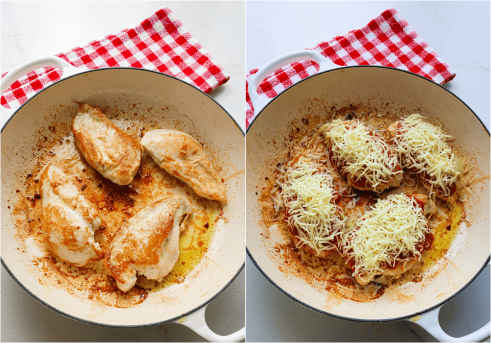 Some of the steps for making pizza chicken. Brown the chicken on both sides in a little olive oil in a large skillet on the stovetop over medium heat. Spread pizza sauce over the chicken, then top with a little cheese
