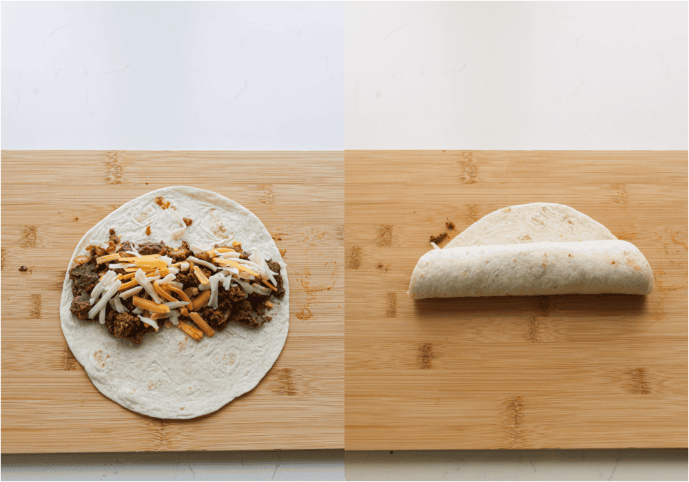 Some of the steps for making enchiritos. Add a layer of refried beans across the center of each tortilla. Top with a layer of the seasoned beef and about half the cheese. Roll the tortillas tightly and place them in the prepared baking dish.