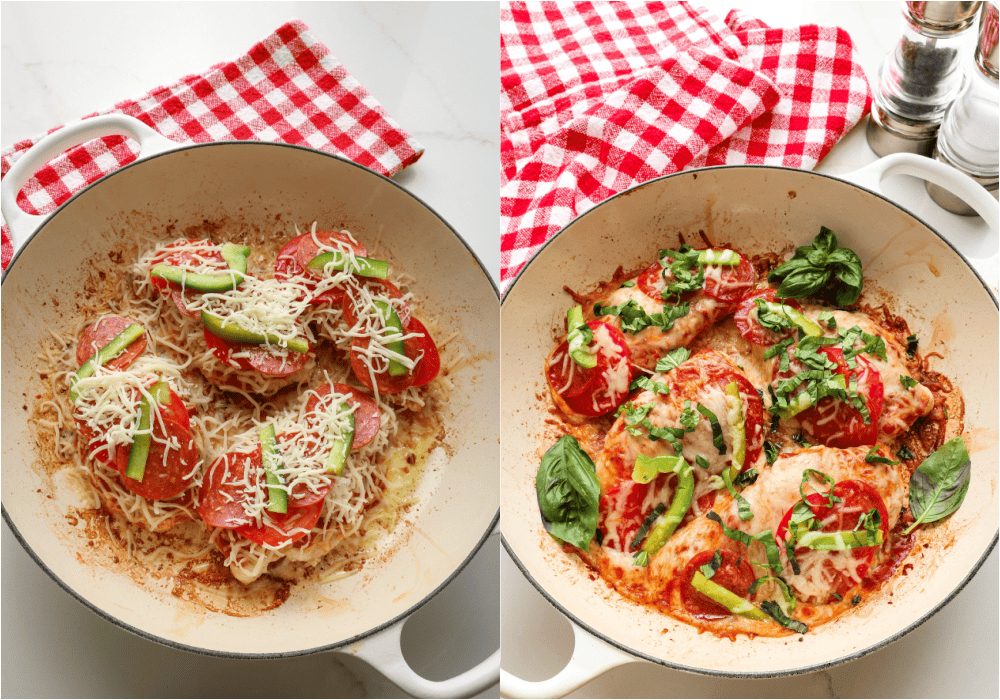 Some of the steps for making pizza chicken. Top with pepperoni, bell pepper, tomato, and more Mozzarella. Bake for 10 minutes.