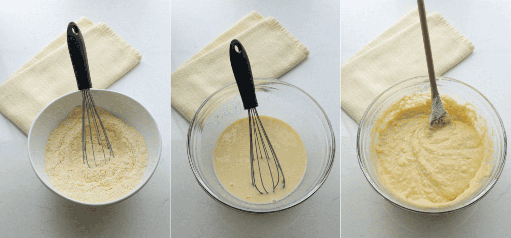 Some of the steps to making cornbread muffins. Whisk the cornmeal, flour, baking powder, baking soda, and salt together in a medium bowl.
In a large bowl, whisk the granulated sugar, eggs, milk, and sour cream. Stir the cornmeal mixture into the wet mixture in several increments, alternating with the melted butter.