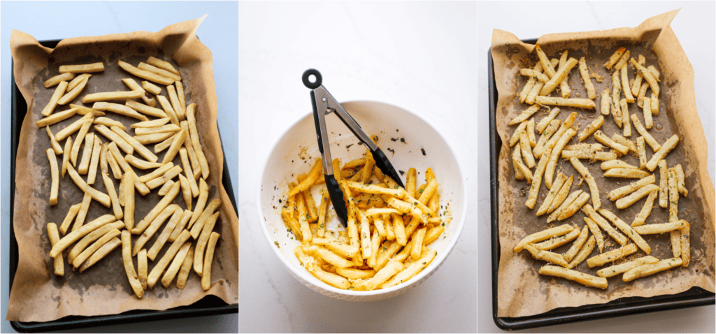 Some of the steps for making truffle fries. Cook your fries according to package directions. Try to get them crispy. Do not wash the baking sheet.

Toss them in a large bowl with the truffle oil, Parmesan cheese, and fresh herbs. Put them back on the baking sheet and cook for several more minutes.