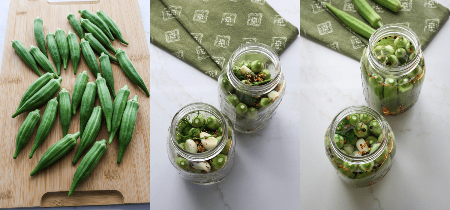 Some of the steps for making pickled okra. Add the water, vinegar, sea salt, and sugar to a pot. Stir and cook over medium heat until the salt and sugar dissolve. Add the okra, garlic, dill, mustard seed, black peppercorns, and red pepper flakes to the jars. Pour the warm brine into the jars and cover the vegetables, herbs, and spices.