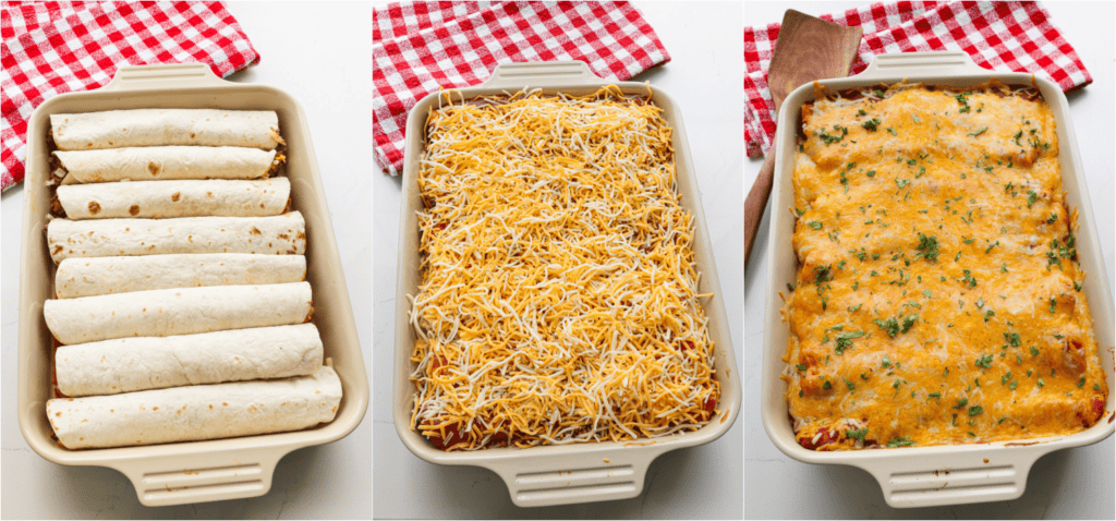 Some of the steps for making enchiritos. Pour the enchilada sauce over the enchiritos. Top with the remaining cheese. Bake until the cheese melts and the enchiritos are heated through. Top with chopped fresh cilantro