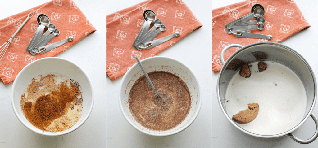 Some of steps for making pumpkin ice cream. Whisk the egg yolks with the milk, ground cinnamon, ground ginger, sea salt, ground cloves, nutmeg, and black pepper. Heat the cream and brown sugar in a pot on the stovetop over medium-low heat.