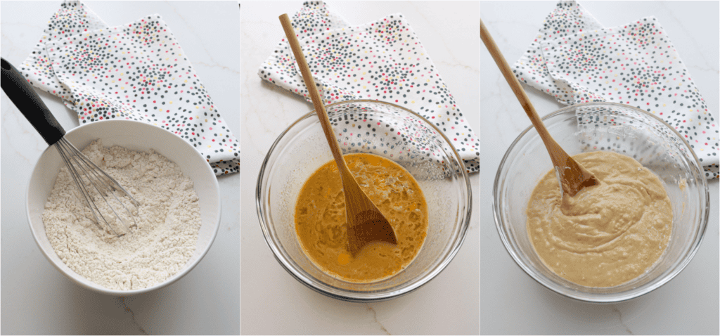 Some of the steps for making baked donuts. Whisk the flour, baking powder, ground cinnamon, and salt in a medium bowl. In a large bowl, mix the brown sugar, egg, egg yolk, vanilla extract, and milk. Add the dry ingredients to the wet ingredients, alternating with the melted butter.