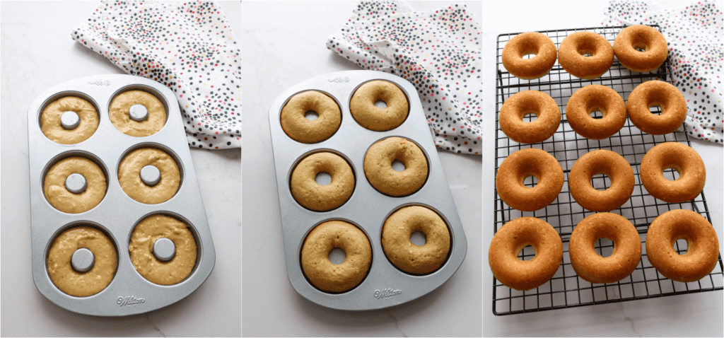 Some of the steps for making baked donuts. Pipe the batter into the greased donut cavities. Bake until set and lightly browned. Move the baked donuts to a wire rack to cool.