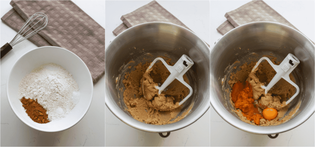 Some of the steps for making pumpkin pie spice cookies. Whisk the flour, pumpkin pie spice, baking powder, baking soda, and salt.
Cream the butter and brown sugar.
Turn the mixer to low and add the pumpkin puree, egg, and vanilla extract.