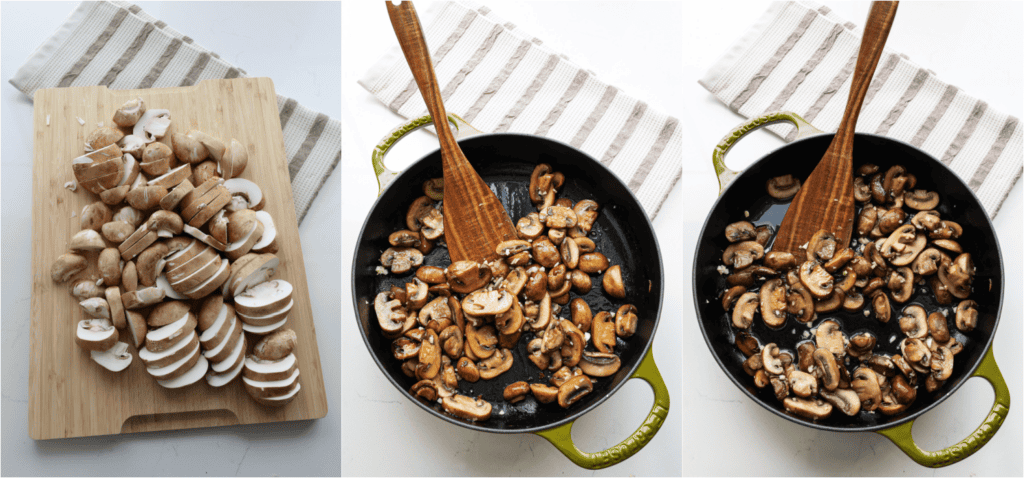 Some of the steps for making sauteed mushrooms. Wipe or wash the mushrooms. Trim off the hard tip of the stem, then slice the mushrooms thickly. Heat the oil and melt the butter in a large skillet over medium-high heat. Add the mushrooms and cook undisturbed for several minutes. Then flip and cook undisturbed for several more minutes, until golden brown. Reduce the heat to low and add the garlic. Cook for a minute while stirring. Pour in the wine and cook until evaporated.