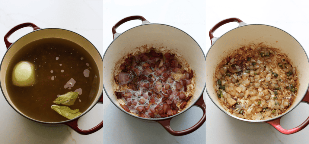 Some of the steps for making borracho beans. Drain the beans in a colander in the sink and rinse. Add them back to the pot, cover with water or broth, and add half an onion and a couple of bay leaves. Bring the mixture to a boil, then reduce to a simmer. Simmer for 1½ hours or until the beans are tender. Drain them and remove the onion and bay leaves. Cook the bacon in a large Dutch oven and move the bacon to a paper towel to drain. Don't remove the bacon fat from the pot. Add the onion and cook over medium heat until soft. Reduce the heat to low and add the minced garlic and chopped jalapeño.