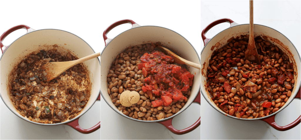 Some of the steps for making borracho beans. Turn off the heat and stir in the chipotle pepper, adobo sauce, chili powder, marjoram, and cumin. Add the cooked bacon, cooked pinto beans, brown sugar, tomatoes, and beer. Simmer for about 30 minutes, or until the beer reduces, delivering a rich flavor.