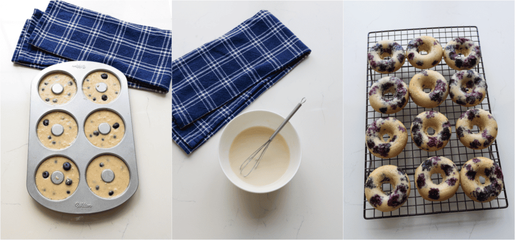 Some of the steps for making blueberry muffns. Pipe the batter into the greased donut cavities.
Bake until set and lightly browned. Move the baked donuts to a wire rack to cool.While the donuts are baking, whisk the glaze ingredients together.