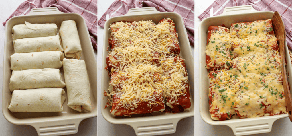 Some of the steps for making wet burritos. Roll the burrito tightly and place it in a casserole dish. Repeat with the remaining tortillas. Pour the enchilada sauce over the burritos. Top with the remaining cheese. Bake until the cheese melts and the burritos are heated through. Top with chopped fresh cilantro.