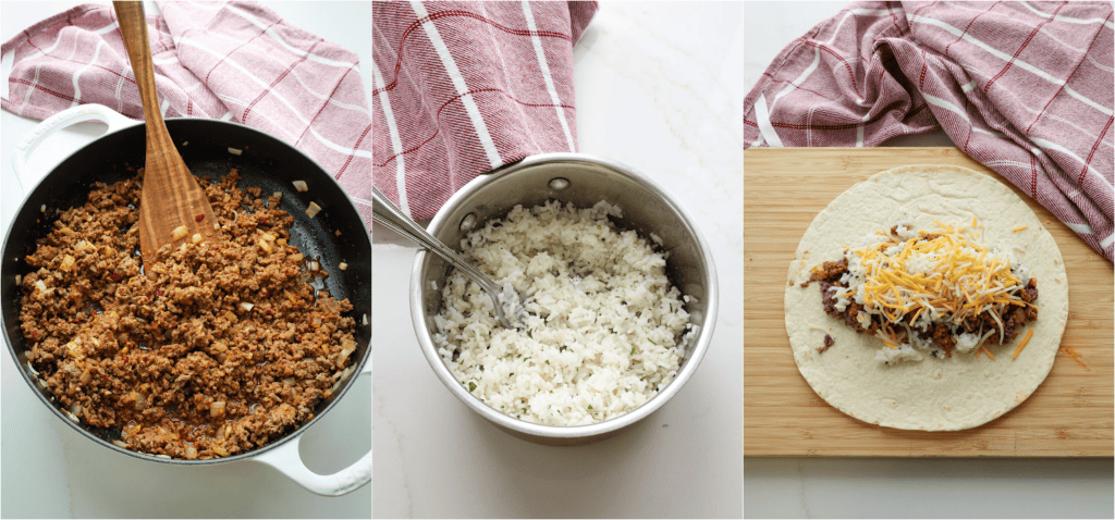 Some of the steps for making wet burritos. Brown the ground beef, adding the onion about halfway through the browning process. Reduce the heat to low and add the garlic. Add the taco seasoning and beef broth and simmer. Stir the cooked rice with chopped cilantro and lime juice. Add a thin layer of refried beans across the center of the tortilla. Top with a layer of the seasoned beef, rice, and about half the cheese.