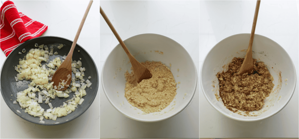 Some of the steps for making air fryer meatloaf. Sauté the onions and garlic in a little olive oil. In a large bowl, combine the panko breadcrumbs, milk, and eggs. Let the panade rest for 5-10 minutes.