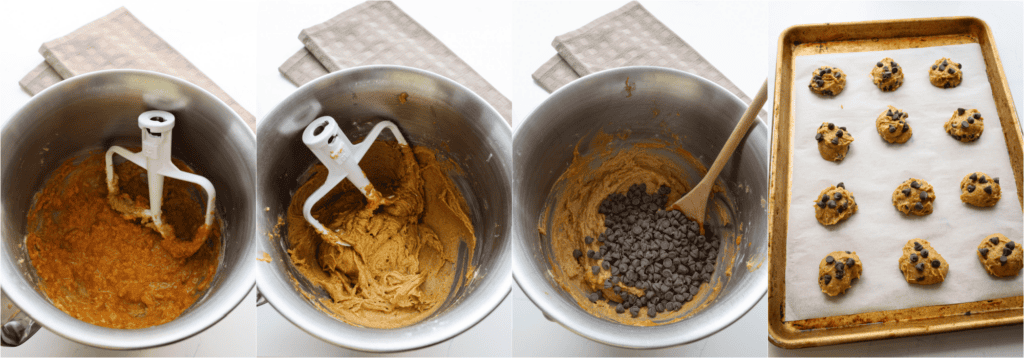 Some of the steps for making pumpkin pie spice cookies. Add the flour mixture to the pumpkin mixture. Stir in the chocolate chips.
Drop the cookies in rounded spoonfuls on a parchment-covered baking sheet.