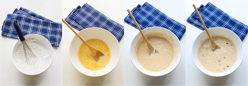 Some of the steps for making blueberry muffns. Whisk the flour, baking powder, cinnamon, and salt in a medium bowl. In a large bowl, whisk the sugar, eggs, vanilla, and milk. Stir the flour mixture into the wet mixture in two additions, alternating with the melted butter. Fold in the blueberries.