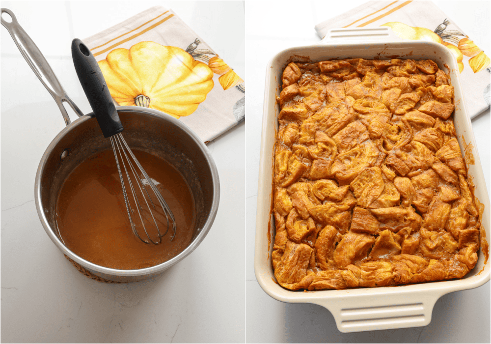 Some of the steps for making pumpkin bread pudding. Make the salted caramel sauce while baking the bread pudding. 
