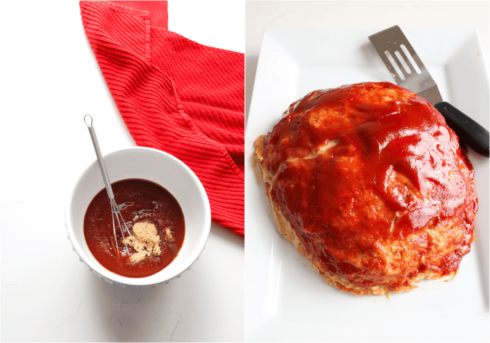 Some of the steps for making chicken meatloaf. whisk the ketchup, apple cider vinegar, and brown sugar in a small bowl. Spread the glaze over the meatloaf and bake for another 20-30 minutes.
