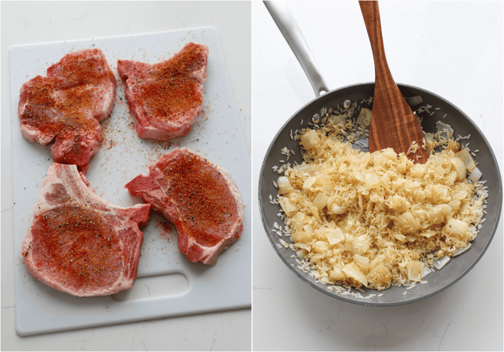 Some of the steps for making baked pork chops. Season the pork chops and let them rest. Melt the butter in a large skillet over medium-low heat. Cook the onion until soft. Add the garlic and cook for about a minute, stirring constantly. Add the rice, Cajun seasoning, salt, and black pepper; cook for about 3 minutes, stirring several times.