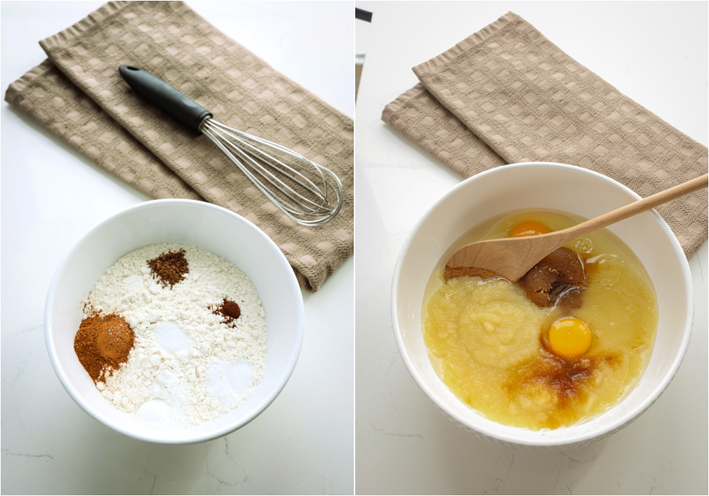 Some of the steps for making applesauce bread. Whisk the flour, baking powder, baking soda, cinnamon, nutmeg, cloves, and salt in a medium bowl. In a large bowl, mix the sugars, eggs, applesauce, vegetable oil, and vanilla extract.
