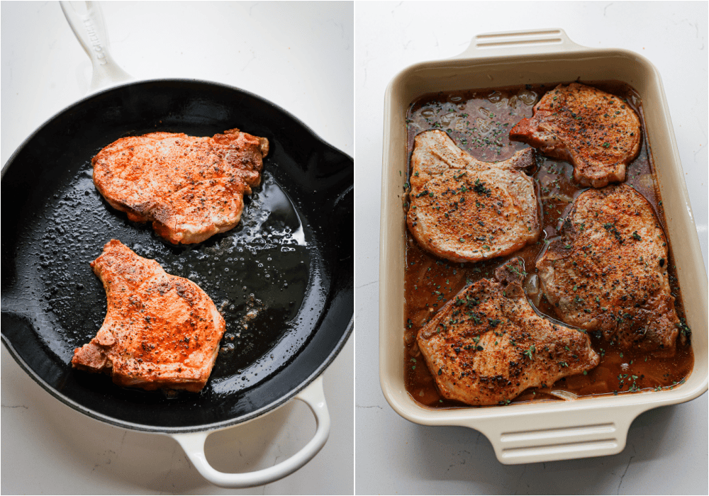 Some of the steps for making baked pork chops. Add the mixture to a baking dish. Sear the pork chops in a little vegetable oil over medium-high heat. Pour the beef broth over the rice. Lay the pork chops on top of the rice and sprinkle with fresh herbs.
