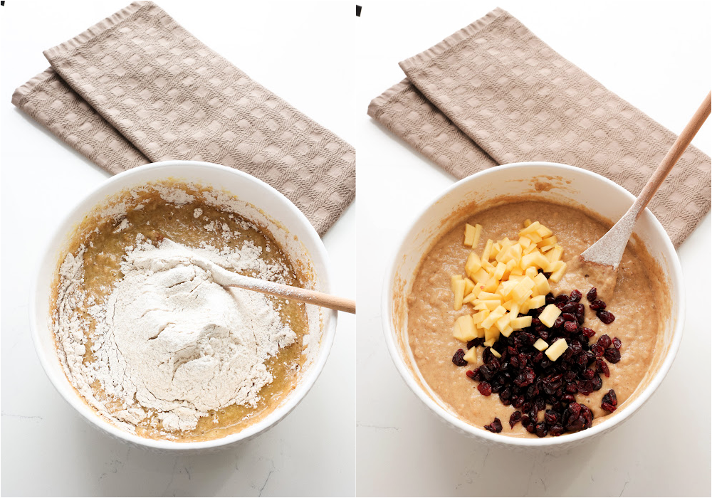 Some of the steps for making applesauce bread. Add the flour mixture to the wet ingredients and stir to combine. Gently stir in the dried cranberries and diced apples.