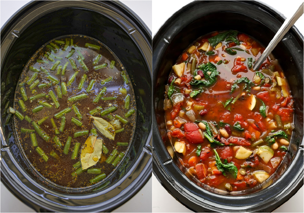Some of the steps for making minestrone in the slow cooker. Pour in the remaining vegetable broth and stir in the tomato paste mixture, bay leaves, green beans, tomatoes, and beans. Cover and cook on high heat for 3-4 hours or low heat for 6-8 hours.