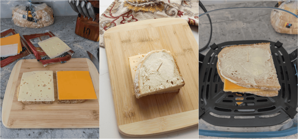 Some of the steps for making an air fryer grilled cheese. Place 2-3 slices of cheese between 2 pieces of bread. Butter both the top and bottom of the sandwich. Insert a toothpick into the center of the sandwich.
