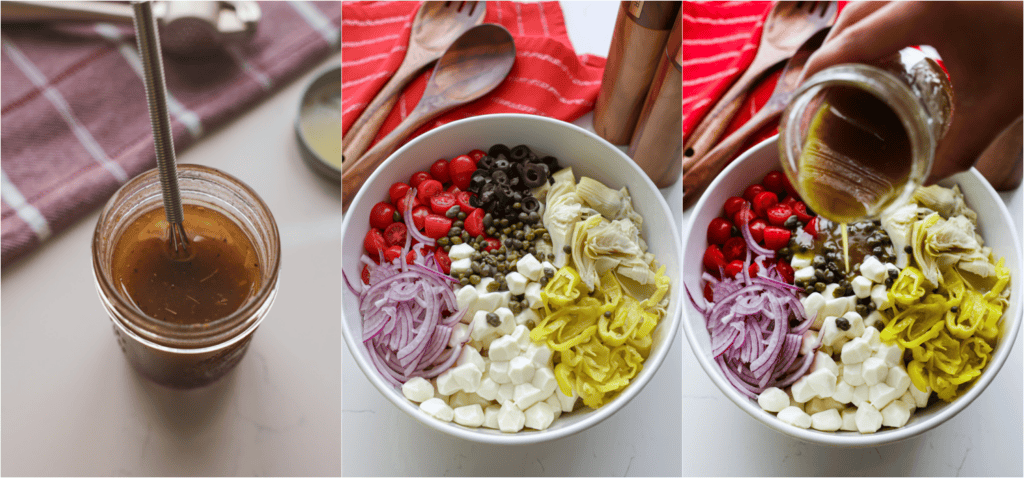 Some of the steps for making Italian potato salad. Whisk the vinaigrette ingredients together. Put the potatoes, grape tomatoes, mozzarella pearls, artichoke hearts, black olives, capers, red onions, and pepperoncini in a large serving bowl. Drizzle with the Italian vinaigrette and toss to coat.