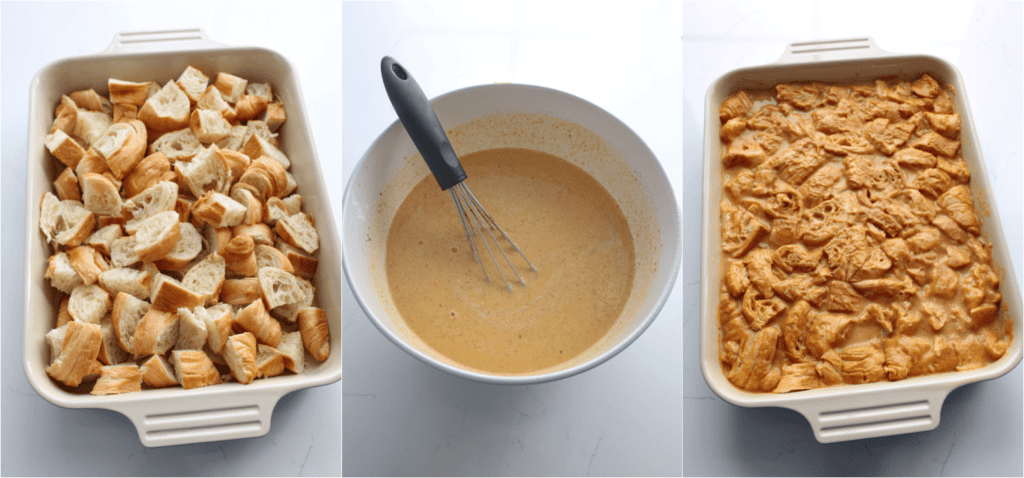 Some of the steps for making pumpkin bread pudding. Cut the croissants into cubes. Whisk the eggs, milk, pumpkin puree, sugars, cinnamon, ginger, nutmeg, cloves, vanilla extract, and butter. Pour the custard mixture over the bread and soak for 1-2 hours.