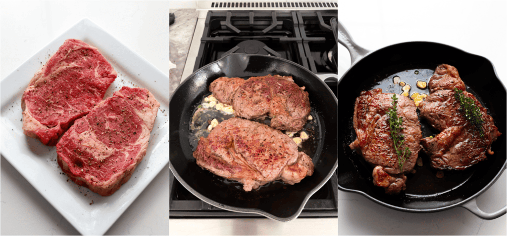 Some of the steps for making cast iron skillet steak. Remove the steaks from the refrigerator about 45 minutes before cooking to bring them to room temperature. Pat the steaks dry with a paper towel and generously season the them with salt and pepper. Heat a cast iron skillet over high heat until very hot. Carefully add the oil and swirl to coat the pan. The oil will shimmer when it is hot and ready. Add the steaks and cook undisturbed for about 3 minutes. Flip and cook for about 3-4 minutes. Turn the heat off and add the butter and garlic to the skillet. Swirl to keep the butter and garlic from burning. Add the fresh herbs to the steaks or the skillet. Baste the steaks with the butter, pouring it right over the fresh herb