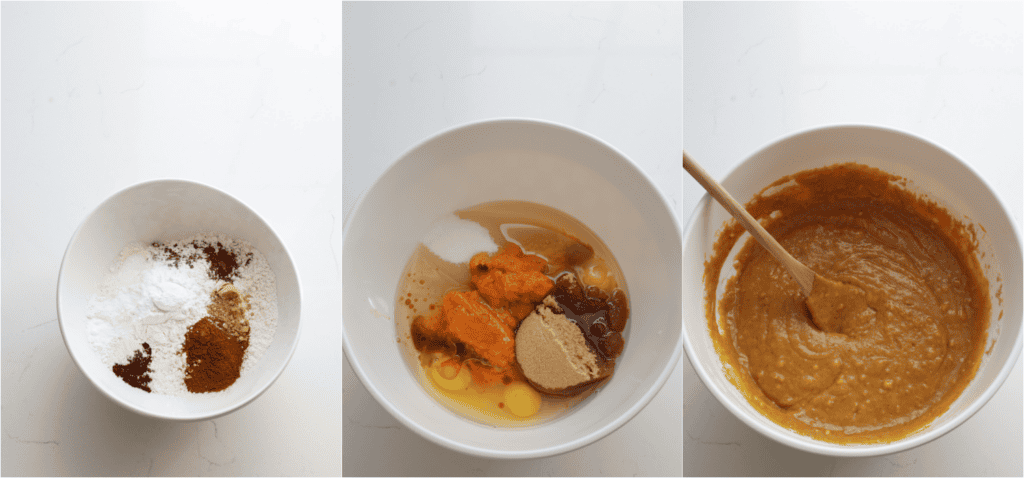 Some of the steps for making pumpkin bars. Whisk the flour, cinnamon, ginger, allspice, cloves, salt, baking powder, and baking soda in a medium bowl. In a large bowl, stir the pumpkin puree, eggs, oil, brown sugar, granulated sugar, and vanilla extract. Add the dry ingredients to the wet ingredients and stir just until combined.