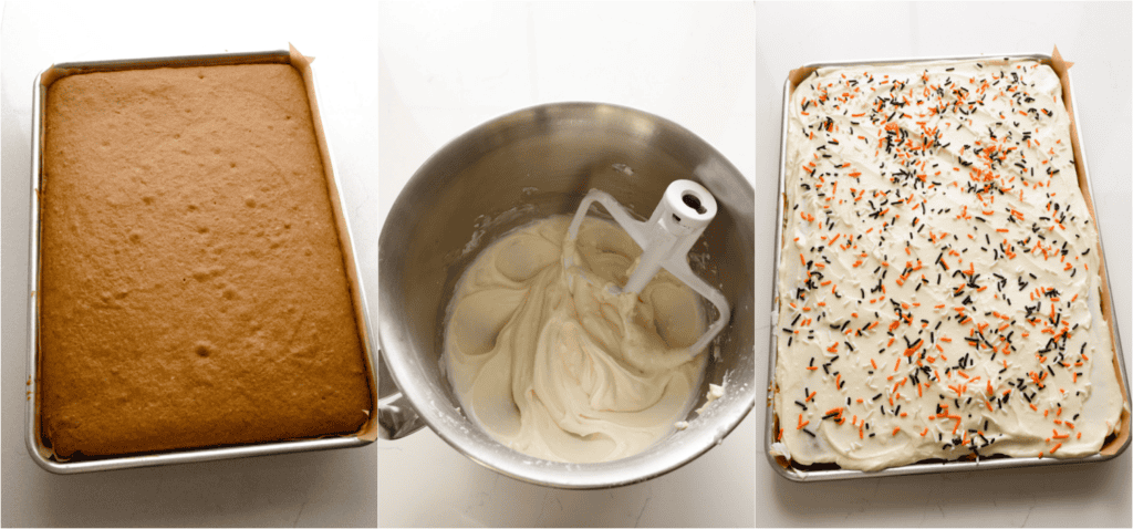Some of the steps for making pumpkin bars. Bake until set and until a toothpick inserted in the center comes out clean. Using an electric mixer, beat the cream cheese until smooth. Add the butter and vanilla extract, and beat until smooth and well combined. Add 2 cups of powdered sugar and mix on low. Add a little more powdered sugar if needed for a thicker consistency. Spread the frosting over the cooled bars and sprinkle with jimmies.