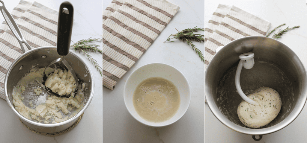 Some of the steps for making potato bread. Boil the potatoes in salted water and mash them with a handheld potato masher. Reserve ½ cup of the water. Gently whisk the water, yeast, and a tablespoon of sugar. Cover the measuring cup or bowl with plastic wrap and let it sit for about 7-10 minutes to bloom the yeast. Combine the yeast mixture, butter, salt, flour, rosemary, and remaining sugar in a stand mixer with the dough hook. Start on low speed to incorporate the flour, then increase to medium speed and knead for about 7-8 minutes.