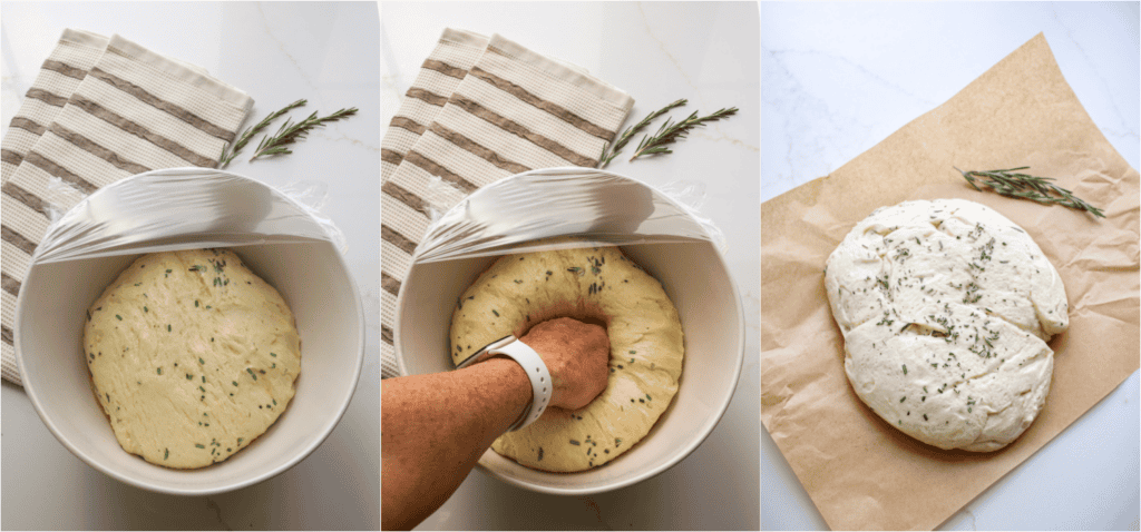 Some of the steps for making potato bread. Remove the dough to an oiled bowl. Cover and let rise until doubled in size. Here comes the fun part. Punch it down, then cover and let rise again until about doubled in size. Turn the dough onto a large piece of parchment paper. Sprinkle lightly with rosemary.