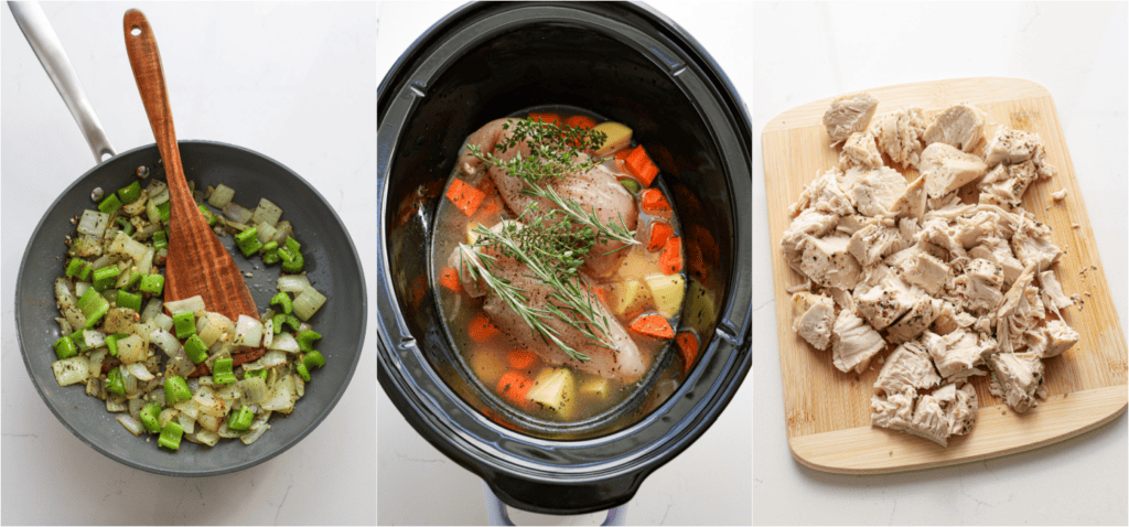 Some of the steps for making slow cooker chicken stew. Sauté the onions and celery over medium heat just until tender. Reduce the heat to low and add the garlic, marjoram, thyme, salt, and black pepper. Cook and stir for 1 minute.
Add the onion mixture, potatoes, carrots, and chicken broth to the slow cooker. Lay the chicken breast over the top. Top the chicken breasts with the fresh herb sprigs.
Cover and cook on high for 3-4 hours or until the chicken is cooked through and the vegetables are tender. Remove the chicken from the crock pot and shred it or dice it.
