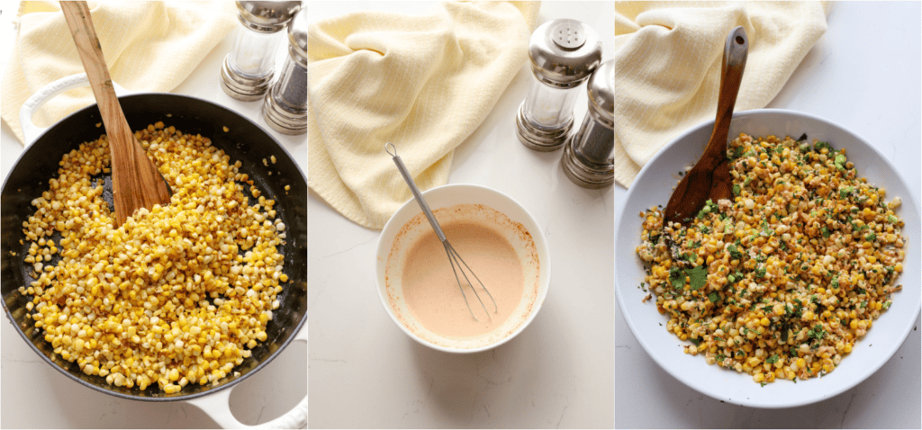 Some of the steps for making Mexican street corn salad. Blacken the corn in a little vegetable oil over medium heat. Place the blackened corn in a serving bowl. Whisk the mayonnaise, garlic, lime juice, adobo sauce, and smoked paprika. Add the dressing, cotija cheese, cilantro, and green onions to the bowl with the corn. Toss to coat and combine.