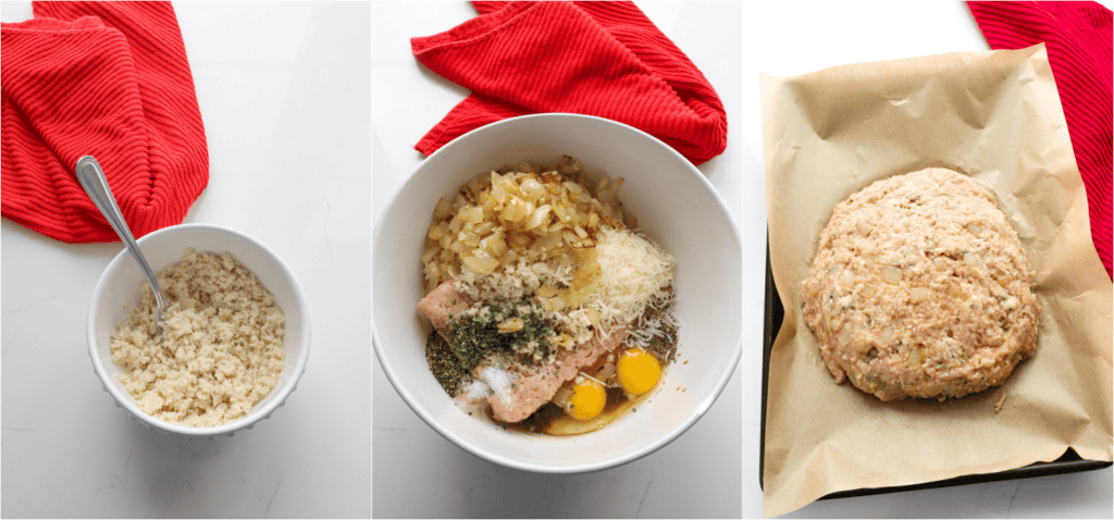 Some of the steps for making chicken meatloaf. Combine the breadcrumbs and milk in a small bowl; this is known as a panade. Let it rest for 5-10 minutes. Then fluff with a fork. In a large bowl, combine the onion mixture, breadcrumb mixture, ground chicken, eggs, Parmesan cheese, Worcestershire sauce, thyme, marjoram, salt, and black pepper. Shape into a loaf on a parchment-covered baking sheet. Bake for about 30-40 minutes.