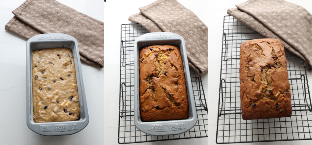 Some of the steps for making applesauce bread. Bake in a loaf pan coated with nonstick baking spray until a toothpick inserted in the top of the loaf comes out clean.