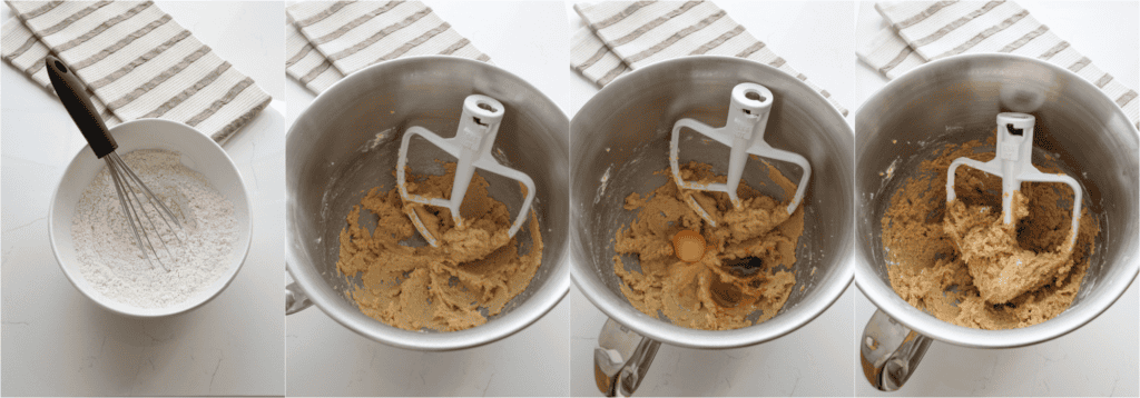 Some of the steps for making pumpkin pie cookies. Whisk the flour, baking powder, salt, and cinnamon in a medium bowl.
Beat the butter, granulated sugar, and brown sugar with an electric mixer on medium speed until light and fluffy. Reduce the speed to stir and mix in the egg and vanilla extract. Add the dry ingredients to the wet ingredients in a couple of increments, mixing just until combined.