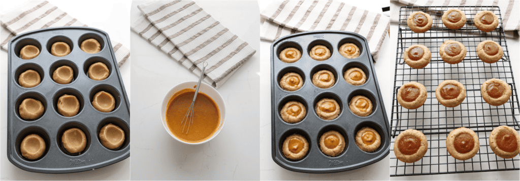 Some of the steps for making pumpkin pie cookies. Using a cookie scoop, shape the dough into balls and place them in a well-greased muffin tin. Use a rounded tablespoon to create a well in each cookie. Bake for 9 minutes.
Whisk the pumpkin puree, brown sugar, egg, cream, flour, and pumpkin pie spice together in a bowl. Remove the cookies from the oven and use a rounded tablespoon to restore the well in the middle. Fill the well with the pumpkin puree mixture and bake for about 9 minutes.